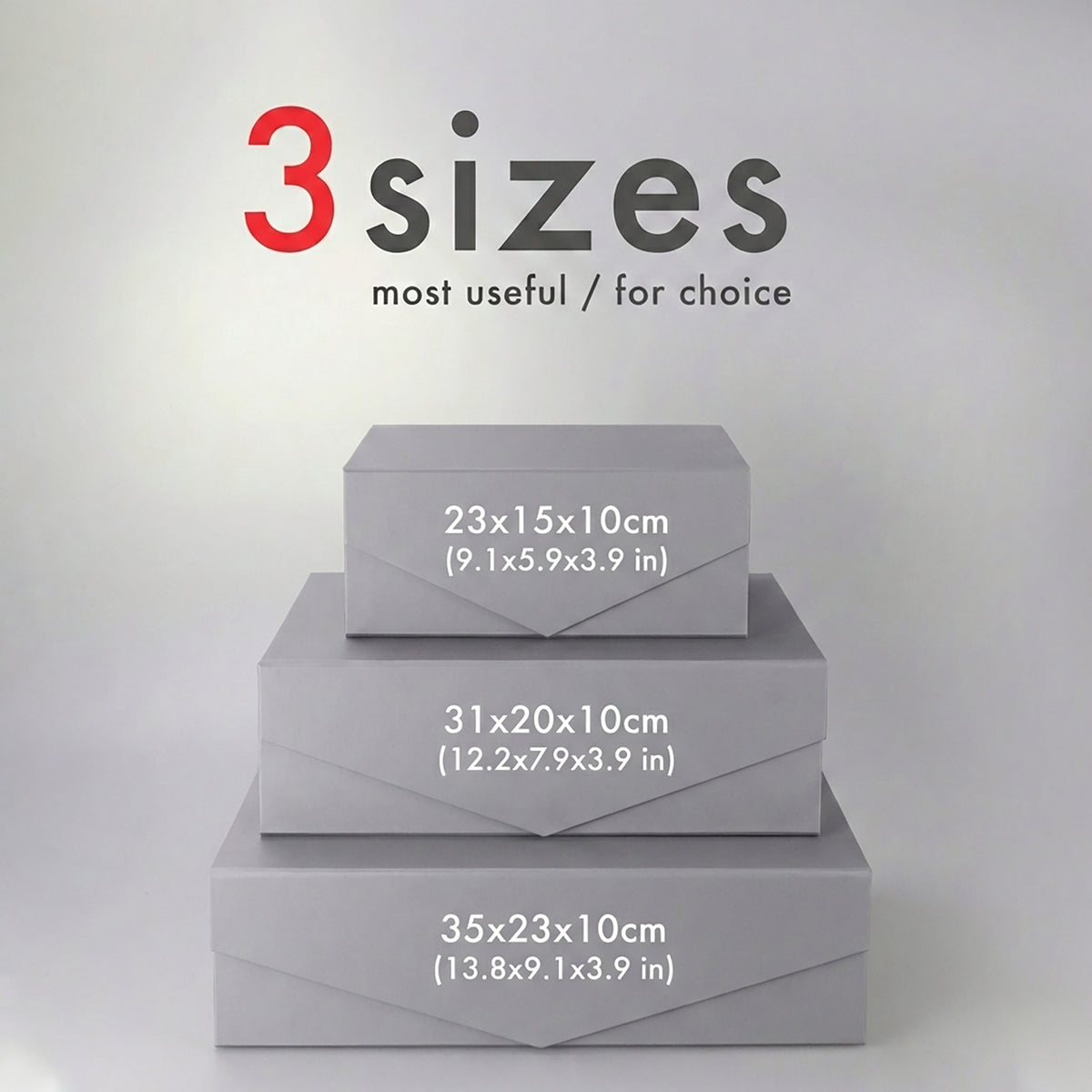 Gray magnetic folding gift boxes in a three-size comparison