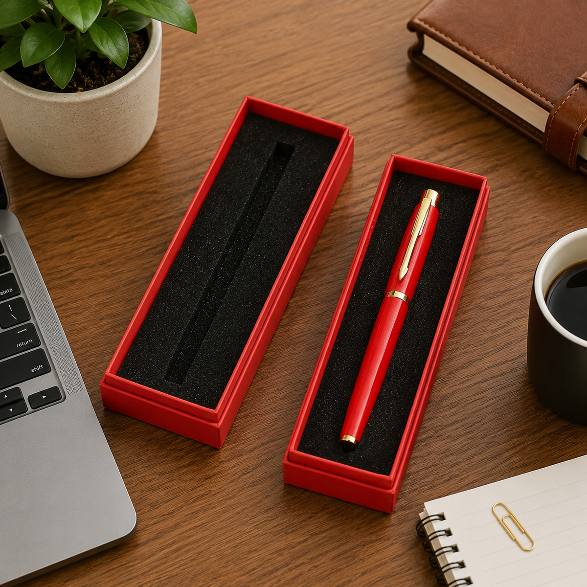 Red pen gift box with foam insert and white fountain pen