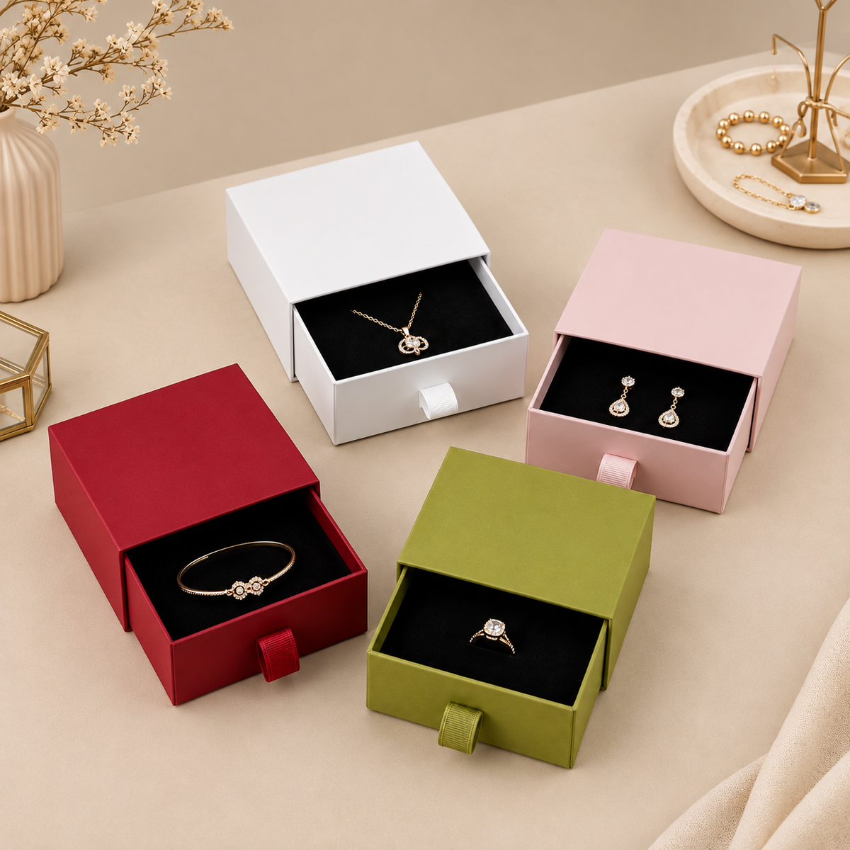 White, pink, red and grass green drawer boxes with jewelry shown for presentation