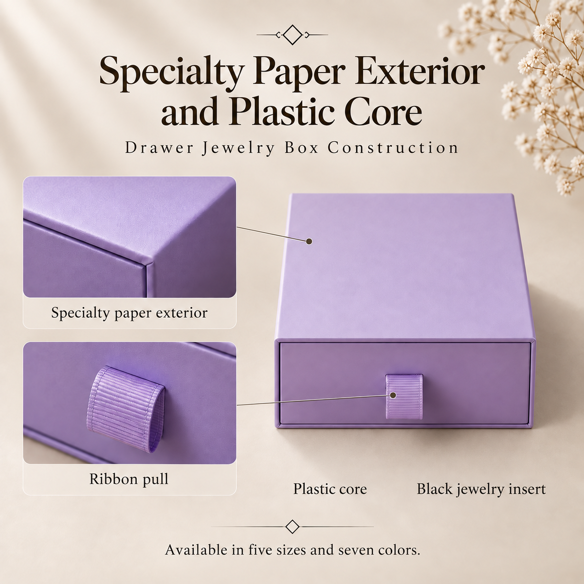 Purple jewelry drawer box with specialty paper exterior and ribbon pull details