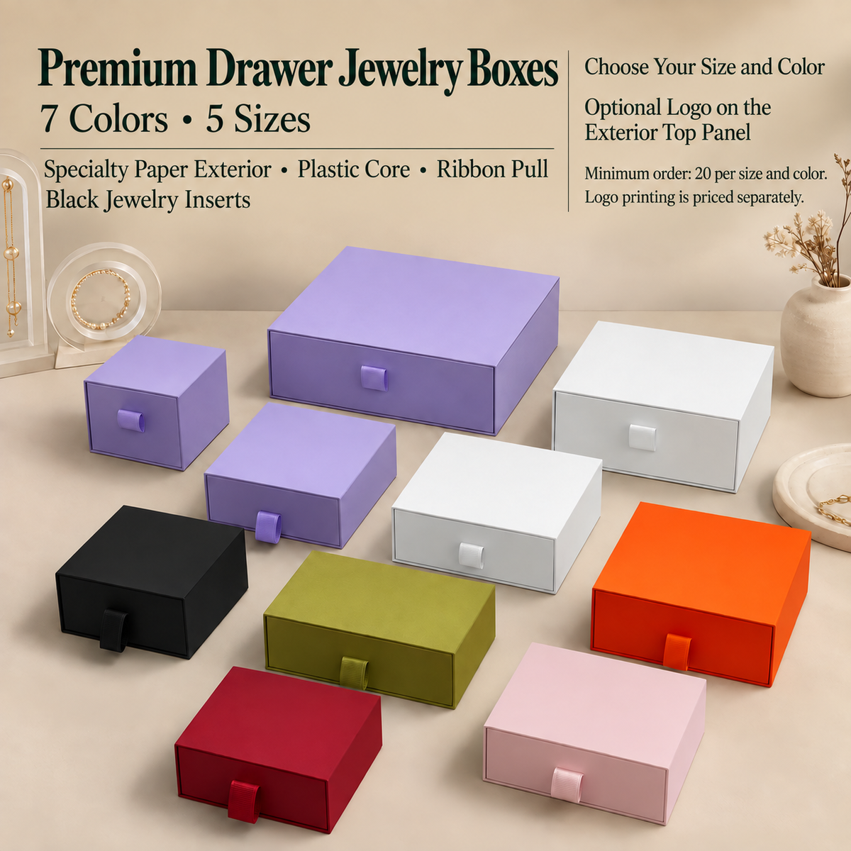 Seven colors of paper drawer jewelry packaging with ribbon pulls