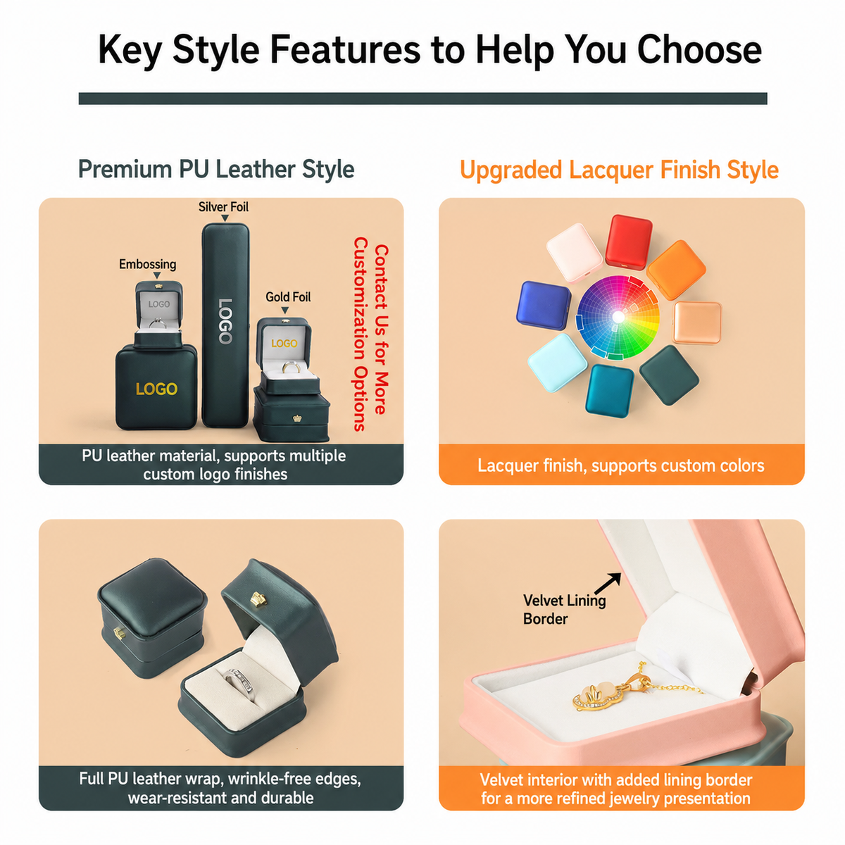 Crown-shaped jewelry box style and color feature chart
