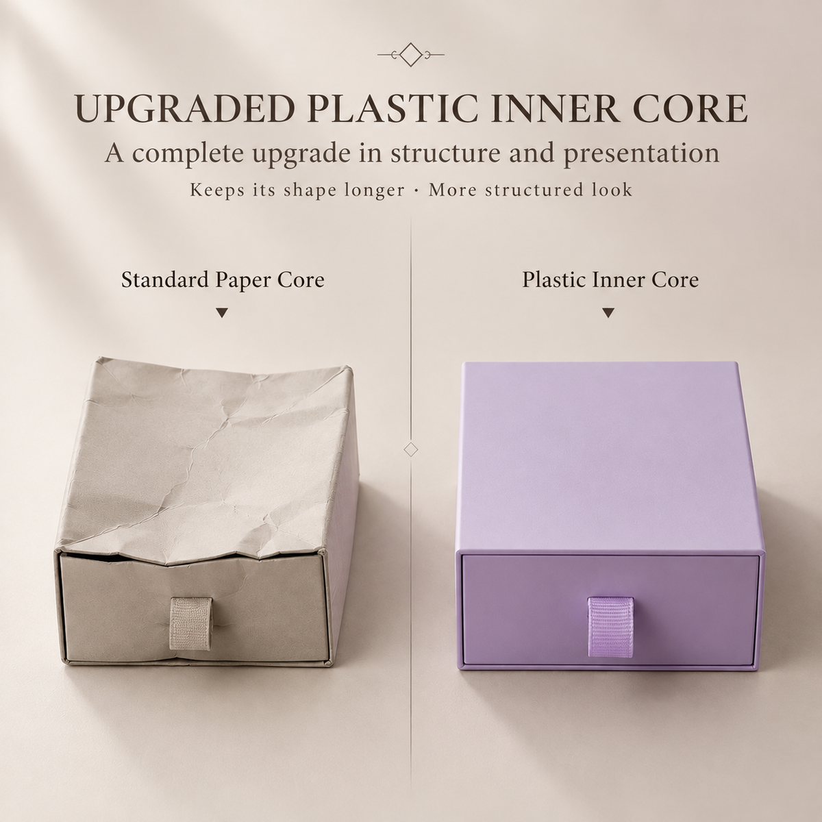 Exterior corners, paper texture, ribbon pull and base details of the drawer box