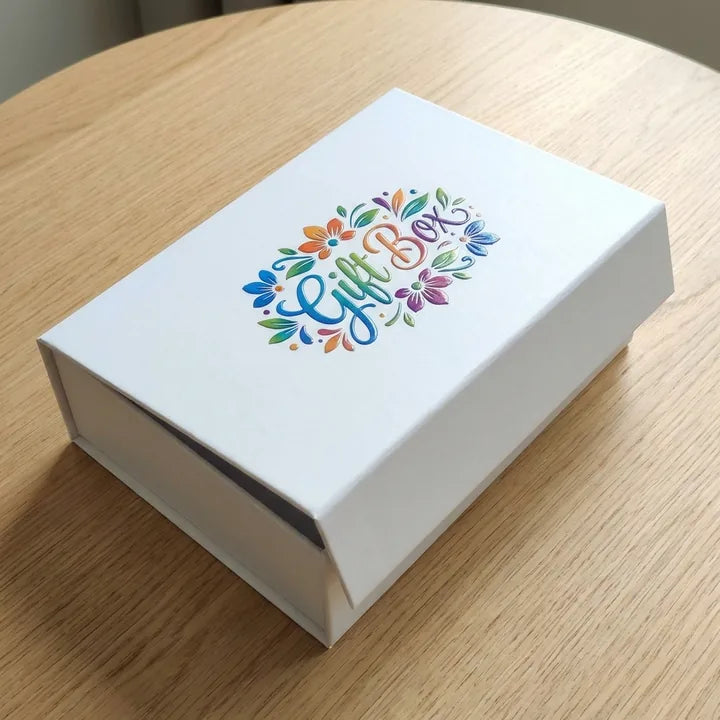 Full-colour UV logo printing example on a white gift box