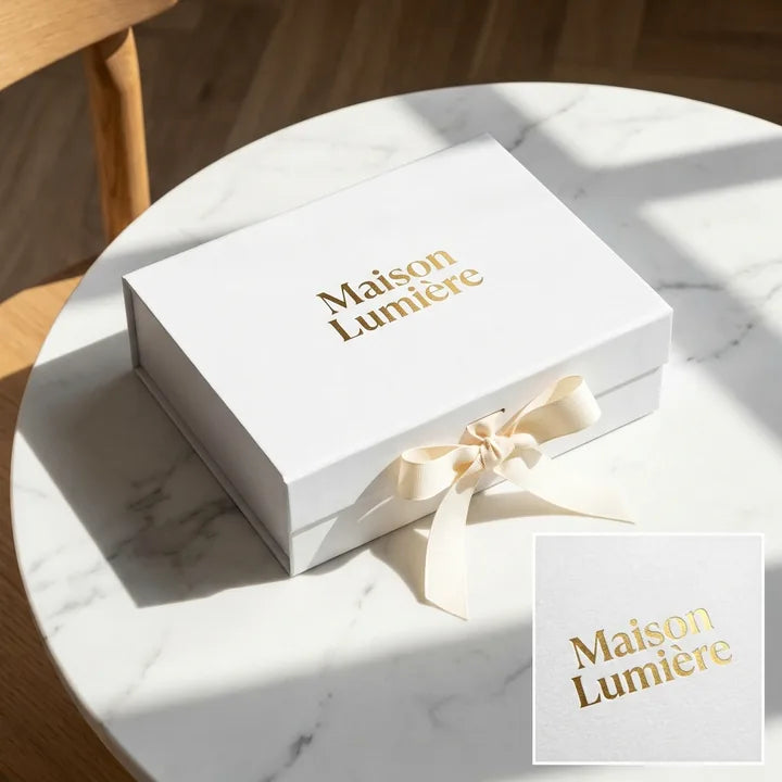 Gold foil logo stamping example on a white gift box