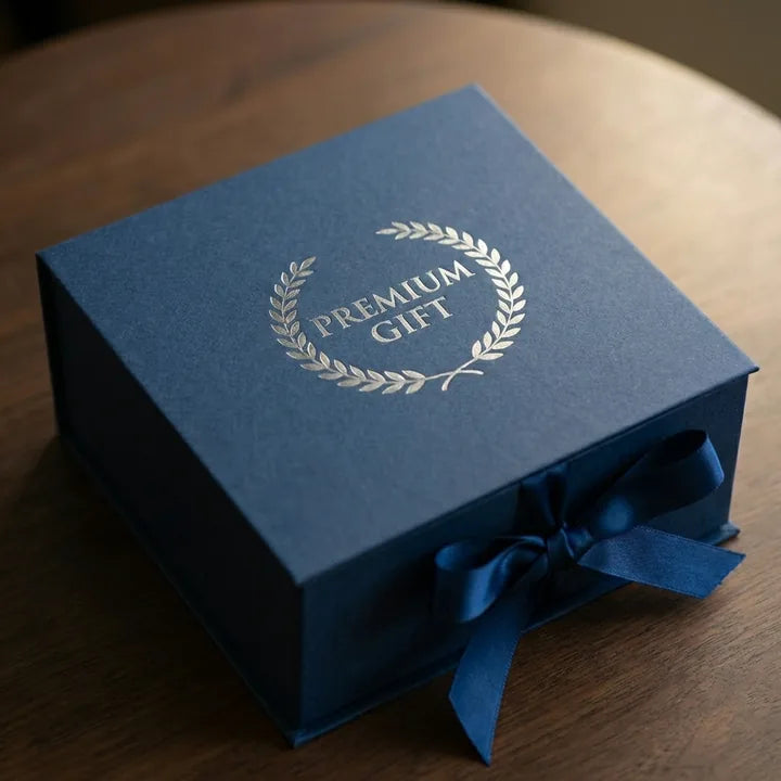 Silver foil logo stamping example on a navy gift box